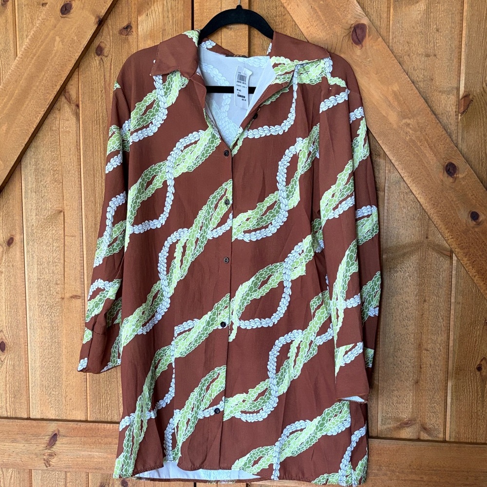 Womens Brown Chain-Print Button-Front Dress Shirt